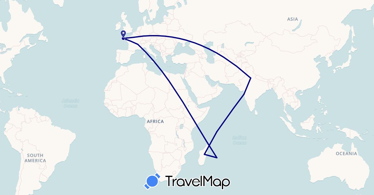 TravelMap itinerary: driving in France, India, Madagascar, Réunion, Seychelles (Africa, Asia, Europe)